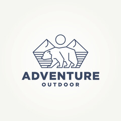 Wall Mural - minimalist wild bear with a mountain outdoor adventure line art icon logo vector illustration design