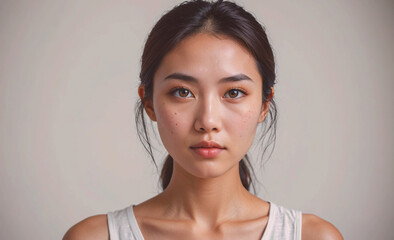 A woman with brown hair and brown eyes is standing in front of a white wall. She has a serious expression on her face