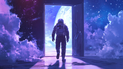 Aufkleber - Astronaut leaving spaceship and entering a new planet through a doorway, exploring a new world