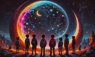 Wall Mural - a group of children are standing in front of a large, colorful, glowing orb. the children are wearin