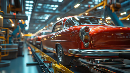 Aufkleber - Assembly of a classic red car in a large automated car factory, capturing the final stages of production