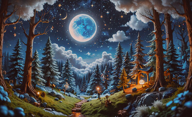 Wall Mural - a beautiful night sky with a large blue moon and stars. the moon is in the center of the sky and is 