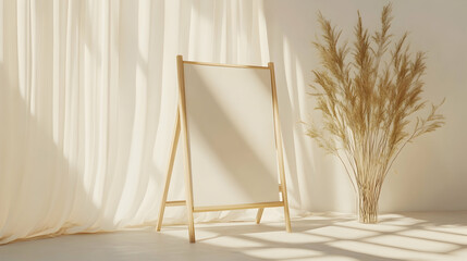 Wall Mural - Blank wooden easel with pampas grass in a minimalist, sunlit room.