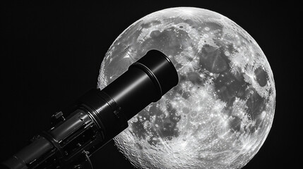 Poster - Close-up of a telescope pointing towards a bright full moon against a dark, starry sky, evoking a sense of astronomical observation and discovery