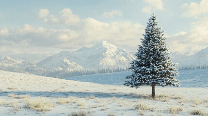 Aufkleber - Stunning winter scenery with a snow-covered pine tree in the foreground and majestic snow-capped mountains in the background