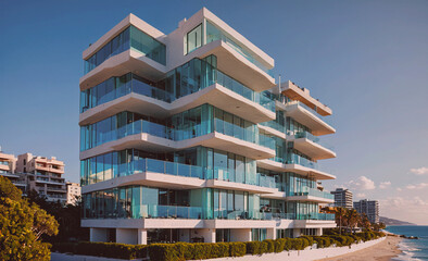 Poster - A large white building with a blue tint and a glass facade. The building is located near the ocean and has a modern design