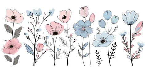 Sticker - Elegant floral arrangement featuring hand-drawn pastel flowers in various shapes and sizes on a white background, perfect for spring designs and invitations.