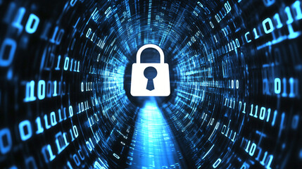 Aufkleber - Binary code forming a tunnel with a padlock icon, representing data protection and cybersecurity in the digital world