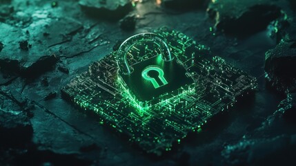 Aufkleber - A digital lock symbol on a circuit board, representing cybersecurity and data protection.