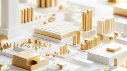 Poster - A stylized 3D representation of a cityscape with golden buildings and structures.
