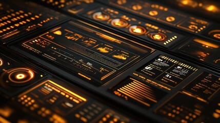 Aufkleber - A futuristic display of data visualizations and metrics in vibrant orange hues.