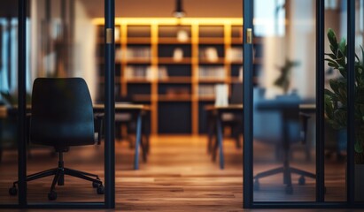Poster - Modern office interior with glass walls, wooden flooring, and a minimalist design.