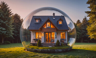 Poster - A house is inside a bubble, surrounded by trees and grass. The bubble is transparent, allowing the house to be seen from all sides. The house is a large, two-story home with a lot of windows