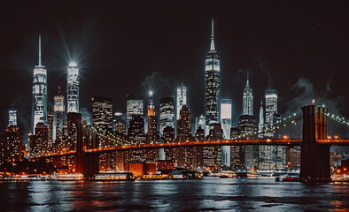 Poster - A city skyline at night with a bridge in the middle. The city is lit up with lights and the water is calm