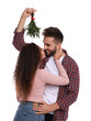 © New Africa - Lovely couple under mistletoe bunch on white background