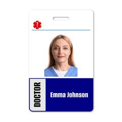 Wall Mural - Doctor's badge with photo of woman on white background