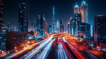 Poster - Long exposure of car light trails on sheikh zayed road, dubai, united arab emirates, with illuminated skyscrapers at night