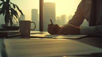 Poster - A person writing at a desk with a cityscape view during sunset.