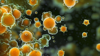 Poster - Microscopic view of virus cells multiplying and spreading infection, concept of disease and contagion