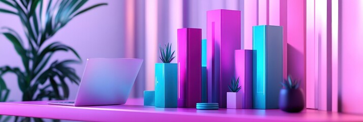 Aufkleber - A modern workspace featuring colorful geometric shapes and plants.