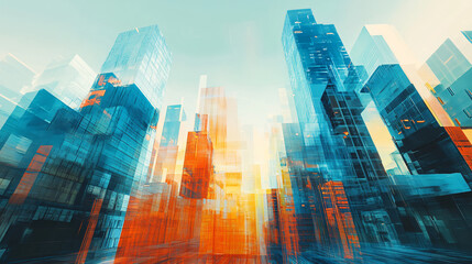 Fototapete - Abstract futuristic cityscape with imposing skyscrapers captured from a low angle, illuminated by vibrant orange and blue tones
