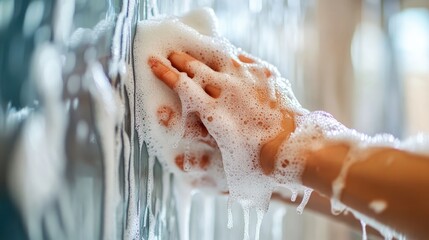 Hand Washing Surfaces with Soap and Bubbles in Bright Environment