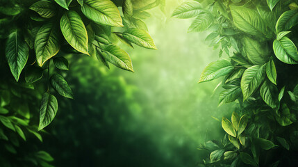 Poster - Green leaves form a natural border for a blurred forest backdrop, bathed in sunlight, evoking feelings of peace and renewal