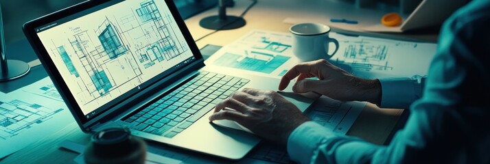 Poster - A person working on architectural designs on a laptop surrounded by documents and a drink.