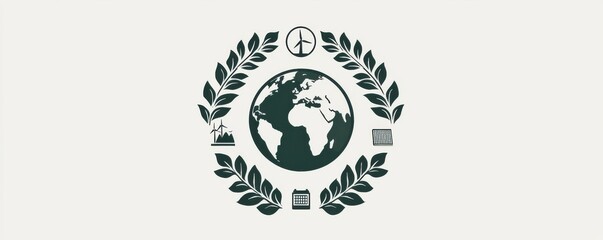 sustainable energy icons surrounding earth with green laurel branches