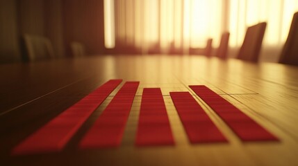 Poster - A close-up of red bars arranged on a table, illuminated by warm sunlight.
