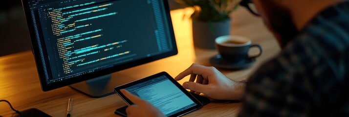 Programmer working on code on a computer and tablet.