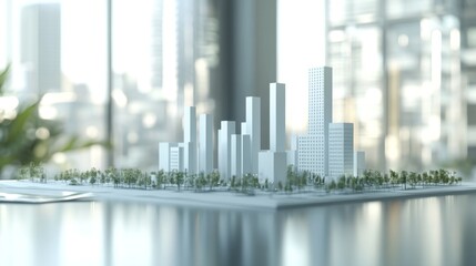 Poster - Architectural model of a modern city with trees and a blurred city skyline in the background.