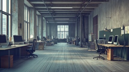 Poster - Empty industrial loft office space with large windows and wooden floors.