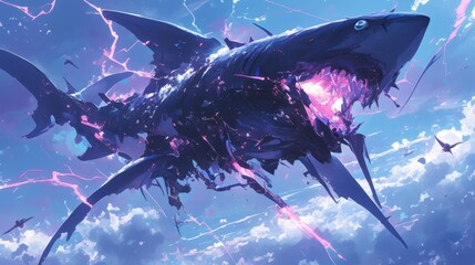 Wall Mural - from the depths of the abyss a monstrous shark with glowing electric eyes rises to the surface its m
