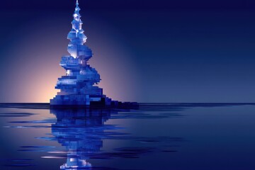 Poster - A towering, blue, crystalline structure rises from the water, reflected in the still surface.