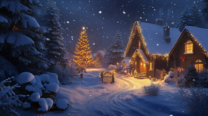Aufkleber - Magical christmas atmosphere in a mountain village: snow falling on a cozy wooden house with christmas lights