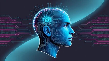Futuristic digital illustration of human head with circuit patterns and binary code