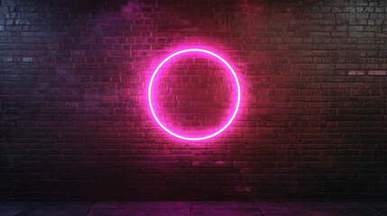 Aufkleber - Bright pink neon circle glowing on a dark brick wall creates a vibrant and modern backdrop