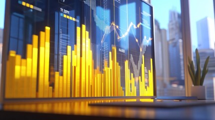 Poster - Laptop screen displays financial charts and graphs in an office setting.