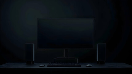 Dark room, computer monitor, keyboard, mouse, speakers on desk.