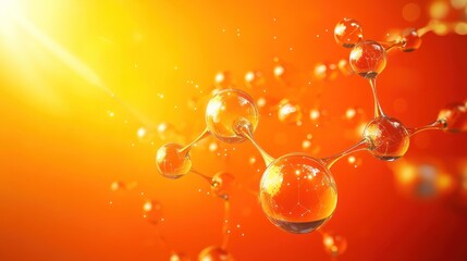 Fototapete - Abstract molecule structure with glowing light on orange background.