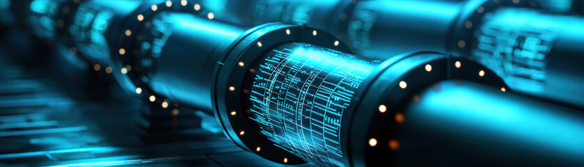 Data Flow Pipeline Integration Concept. A futuristic network of glowing pipes with data flow, set against a dark background, evokes themes of technology and digital innovation.