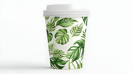 Wall Mural - disposable coffee cup with tropical leaf pattern design.