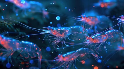 Wall Mural - a group of tiny transparent shrimp with glowing electric blue eyes gather in a mesmerizing display t
