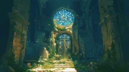 Wall Mural - a hidden door in an abandoned castle revealing a path to a dreamland filled with mythical creatures.