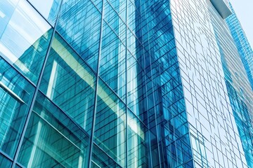 Poster - A modern glass skyscraper reflecting its surroundings in an urban setting.
