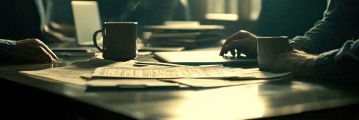 Aufkleber - A group discusses documents over coffee in a collaborative workspace.