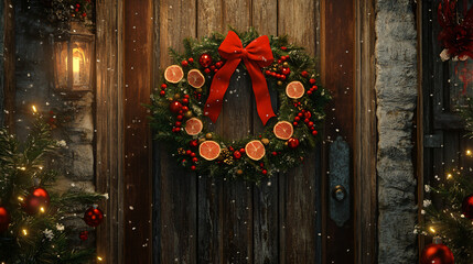 Aufkleber - Festive christmas wreath adorned with dried oranges, red berries, and a bold red bow, hanging on a snowy wooden door with twinkling lights and holiday decorations