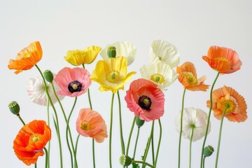 Canvas Print - Colorful poppies blooming in various shades, creating a vibrant display against a light background. Floral beauty and nature concept for decoration.