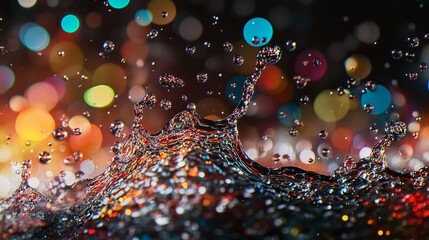 Aufkleber - Captivating visual effect of dynamic water splash on a vibrant bokeh background with frozen droplets in motion